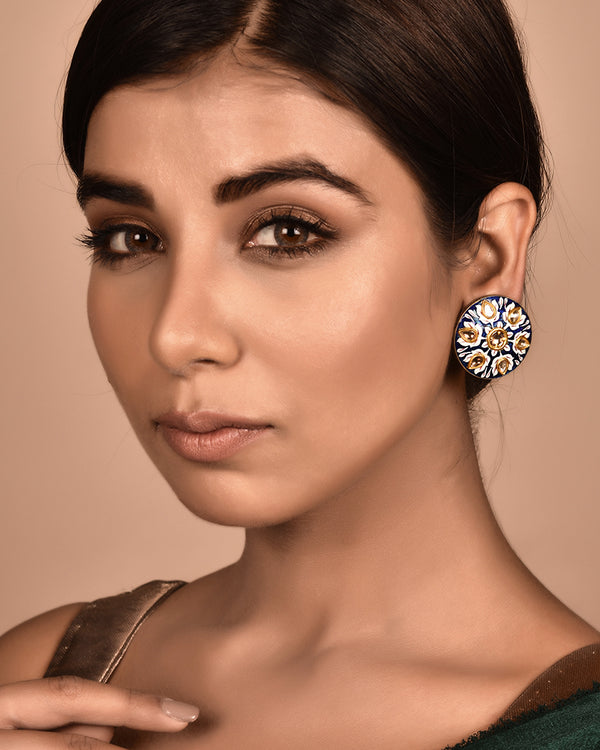 THE JAIPUR BLUE POTTERY EAR STUDS IN GOLD AND POLKI