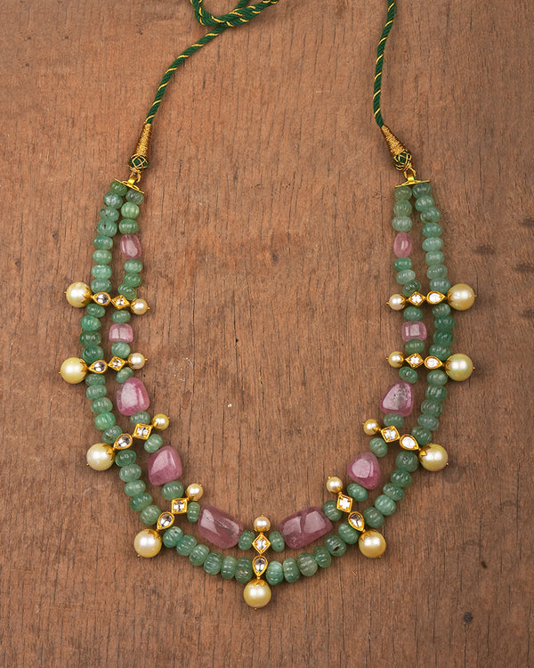 24 KT GOLD NECKLACE -CARVED EMERLAD MELON WITH PINK TOURMALINE TUMBLES