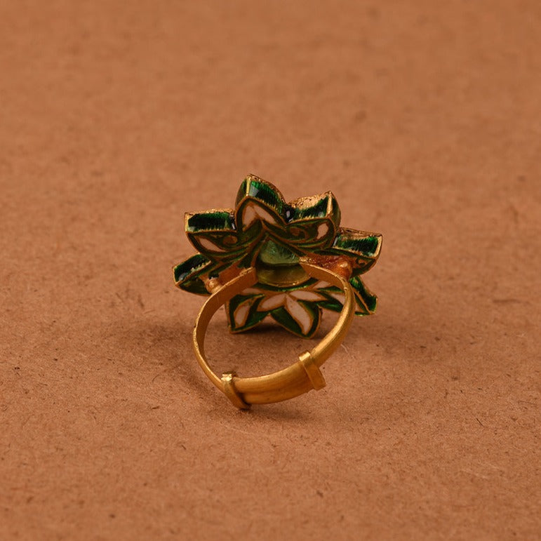 REGAL LOTUS EMERALD AND POLKI RING IN 22KT GOLD