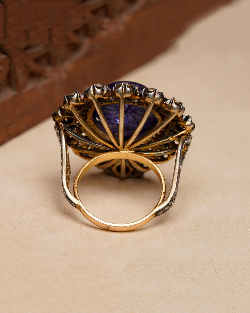 TANZANITE HEART RING WITH ROSECUT DIAMONDS SET IN SILVER AND 14KT GOLD