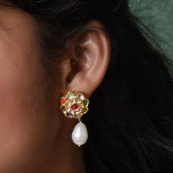 FLORAL PEARL DROP STUDS - STERLING SILVER