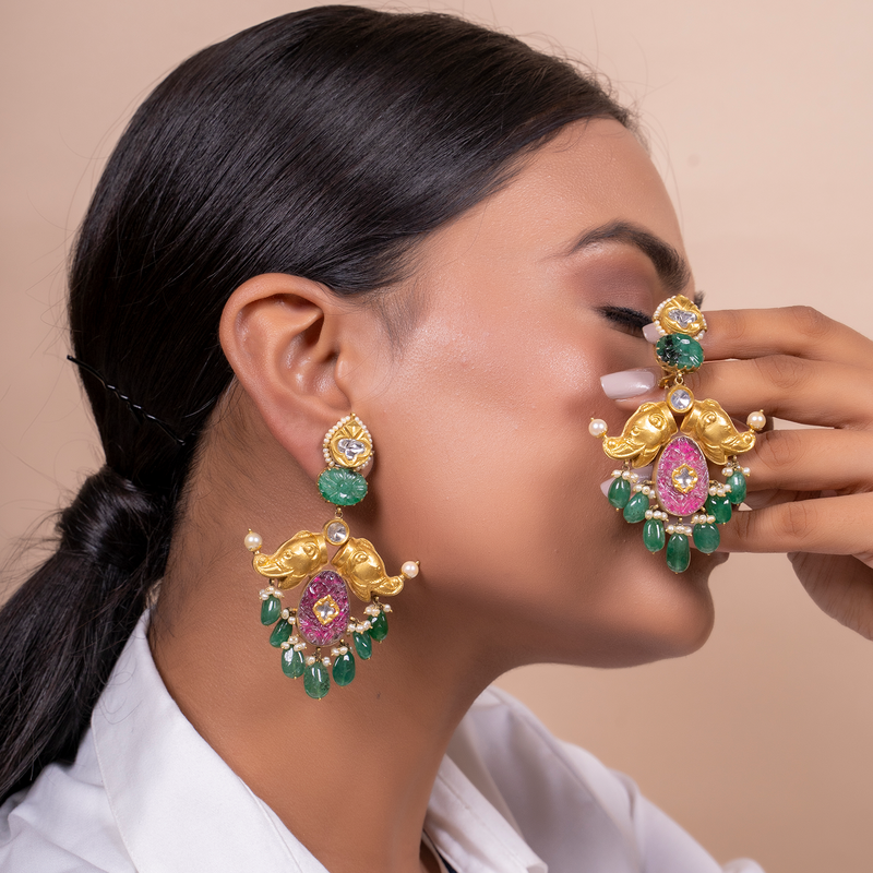 Statement Drop Earrings with Tourmaline and Emerald Beads