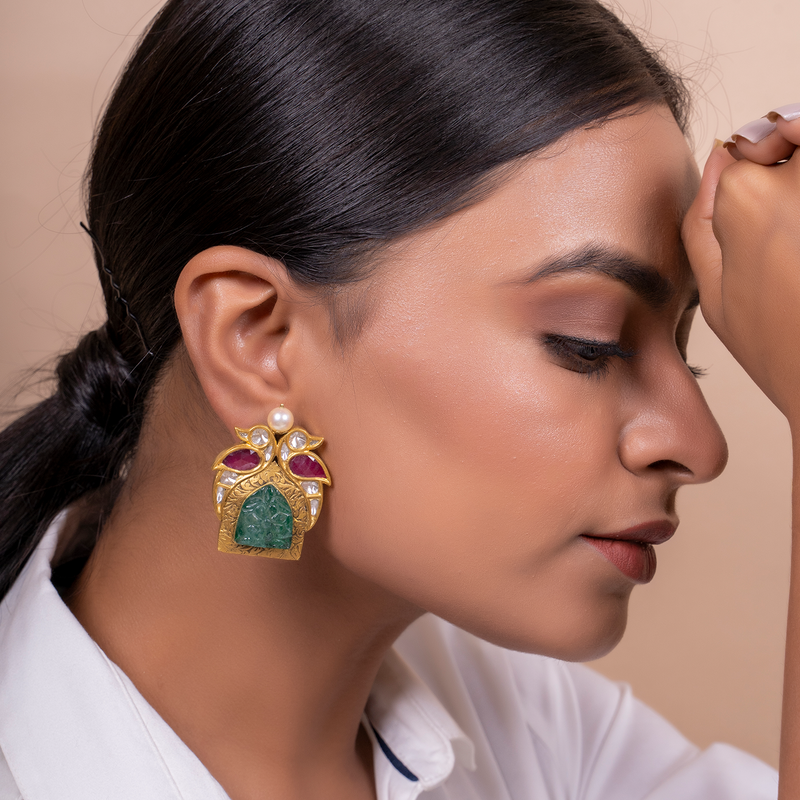 Buy Gold Polki Earrings with Ruby Emerald and Jade Online at Jayporecom