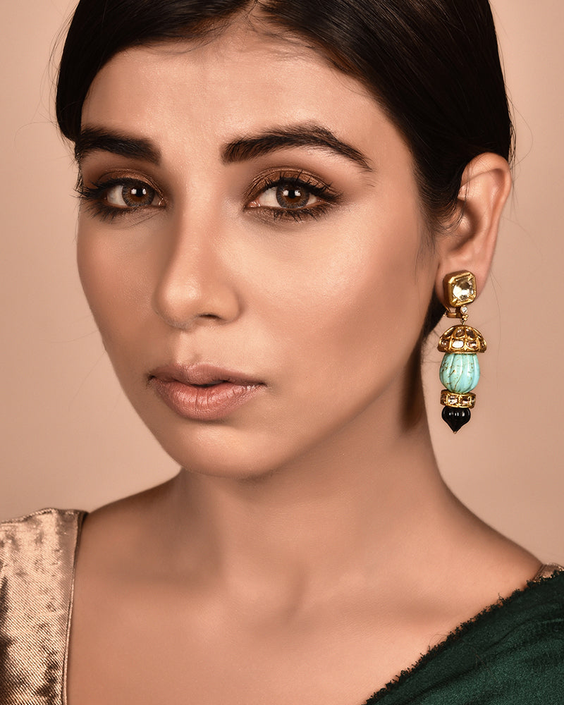 24KT GOLD EARRING CARVED TURQUOISE AND BLACK ONYX EARRINGS WITH GOLD AND POLKI