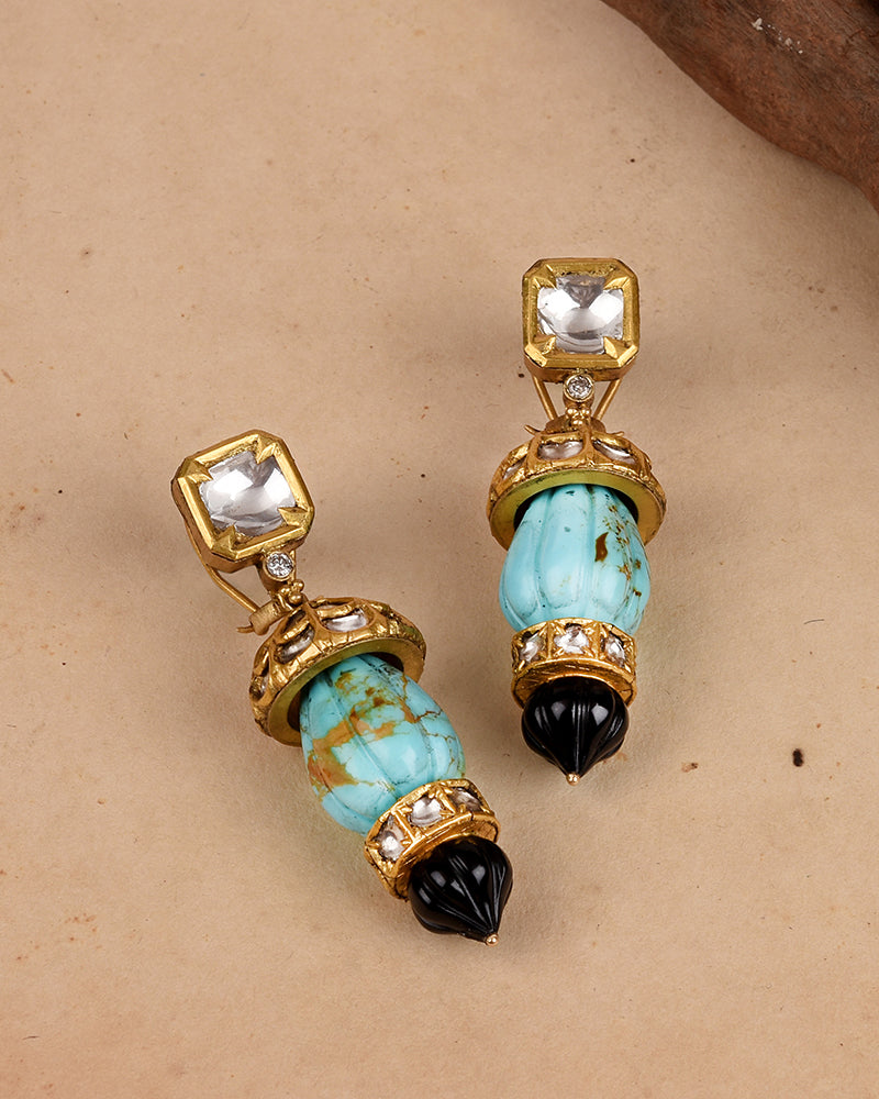 24KT GOLD EARRING CARVED TURQUOISE AND BLACK ONYX EARRINGS WITH GOLD AND POLKI