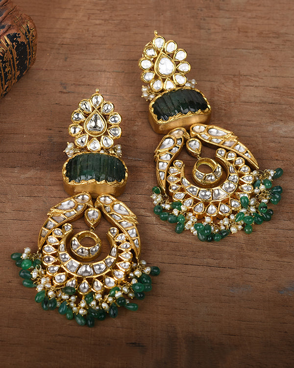 18/24kt GOLD WITH EMERALD AND POLKI BIRD EARRINGS