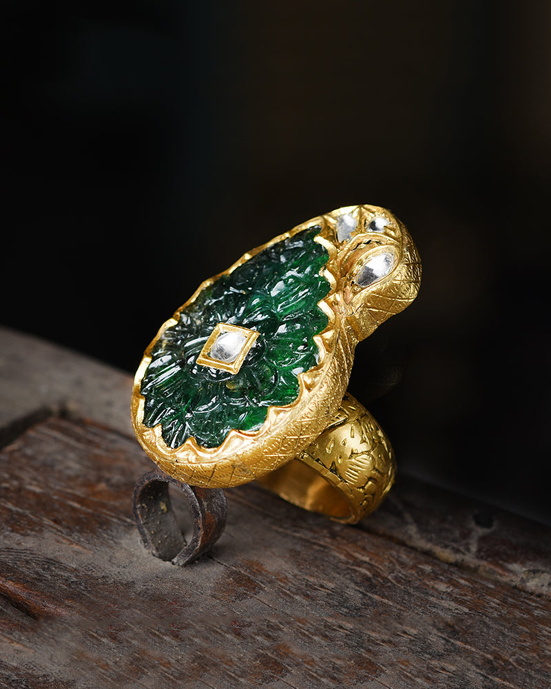 24KT GOLD PAISLEY EMERALDS AND POLKI RING INSPIRED BY THE  MUGHAL ERA