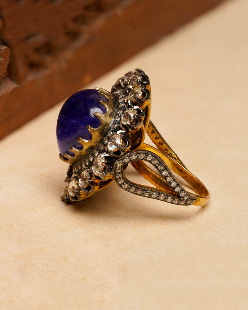 TANZANITE HEART RING WITH ROSECUT DIAMONDS SET IN SILVER AND 14KT GOLD
