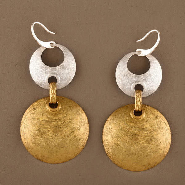 brushed disc matt gold and silver plated earrings